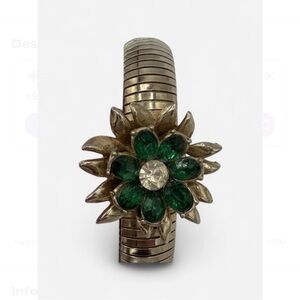 Coro Gold Tone VTG  Stretch Bracket Green Floral Accent 6.5 inches jewelry